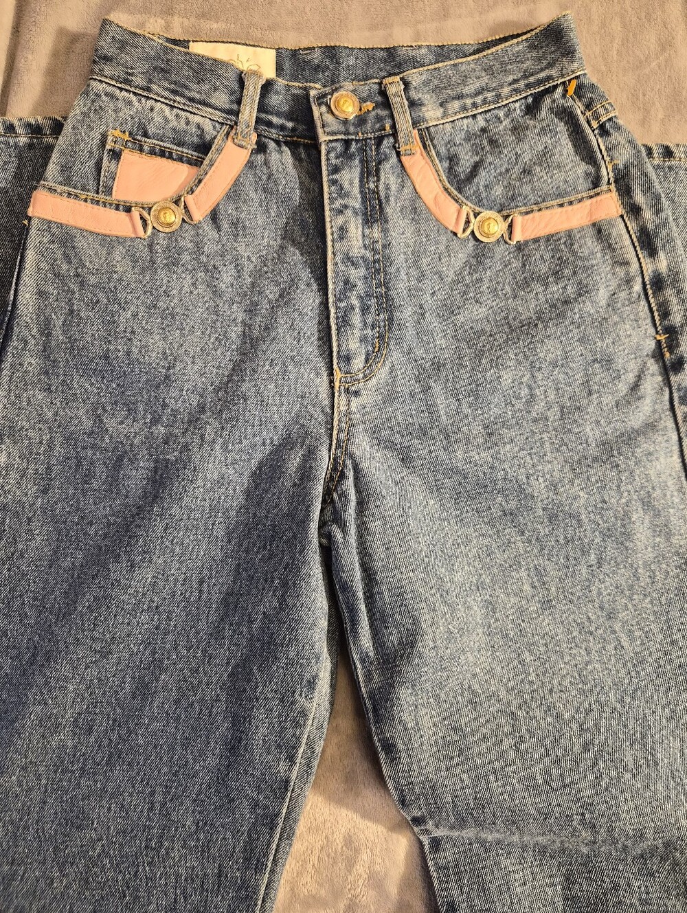 VTG 80s Cache Western High Waist Jeans 26 x 31 Pink Leather Trim Brass Medallion